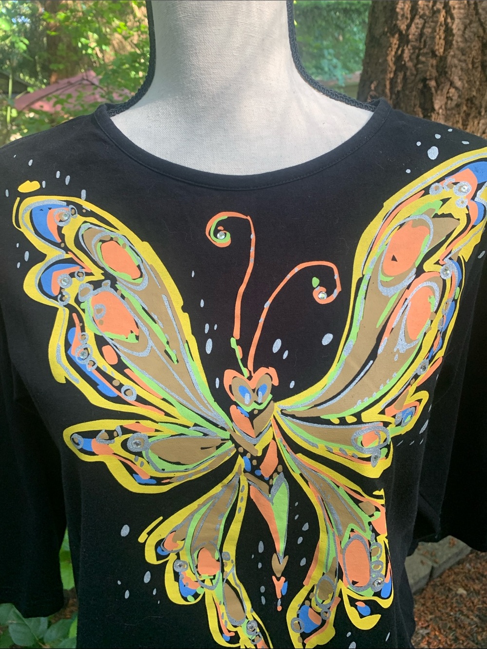 Bob Mackie Black Butterfly Graphic Tee with Yellow Accents - Picture 2 of 7